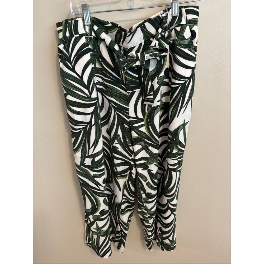 Elaine Rose Tropical Leaf Print Wide-Leg Pants cropped size large